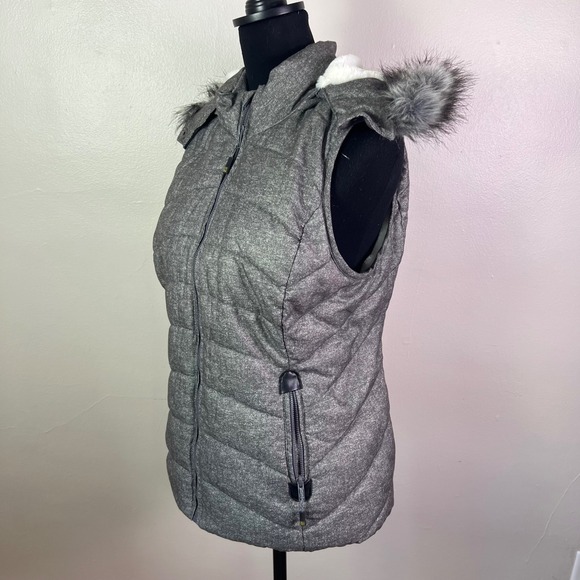 Green Tea Puffer Vest Hooded Faux Fur Trim Padded Gray Women's Medium - Picture 2 of 11